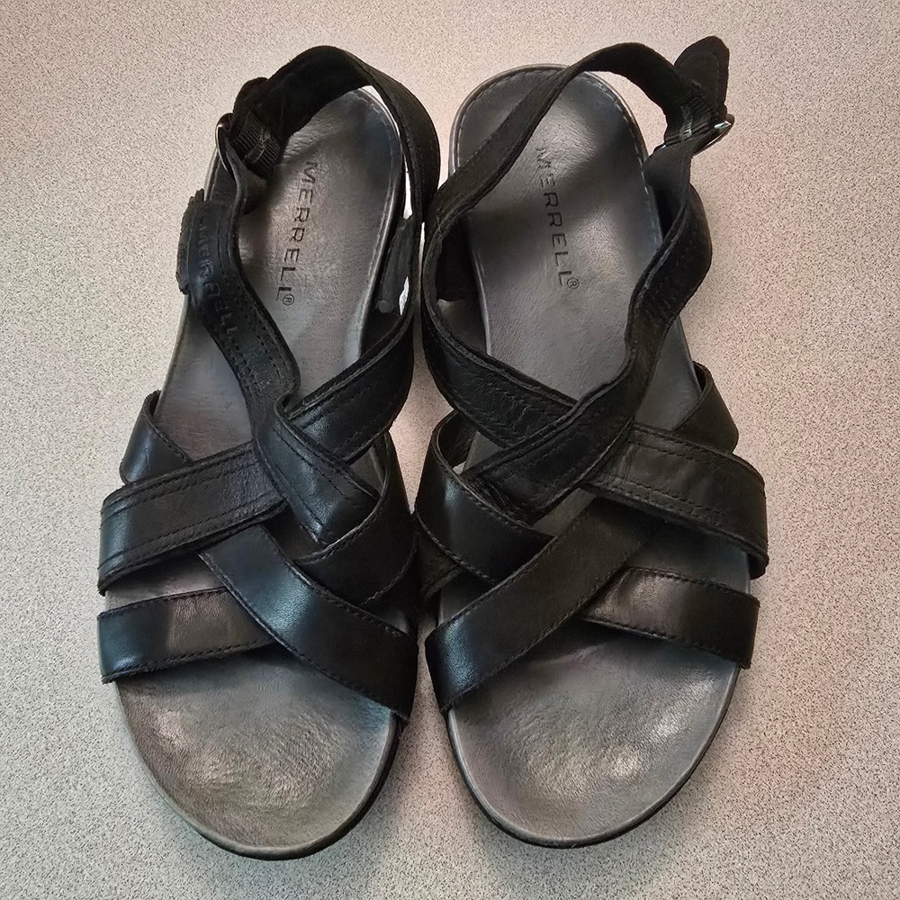 Merrell Leather Strappy Sandals Black Slingback Floral Embossed Womens 7 J-6246